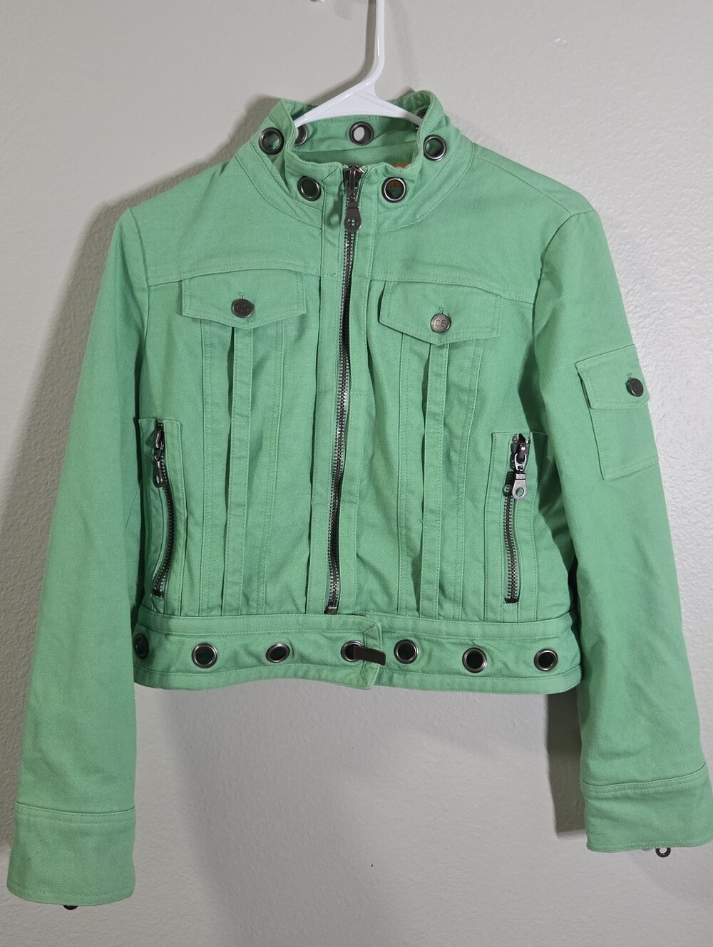 Vintage Cynthia Steffe Green Grommet Cropped Utility Moto Jacket M Made In USA